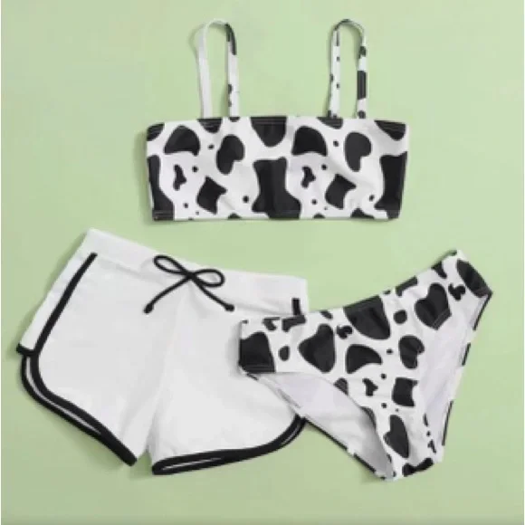 Girls' Swimwear Summer Cute Bikini Cow Print Three-piece Swimsuit High Size 5T - Picture 3 of 4